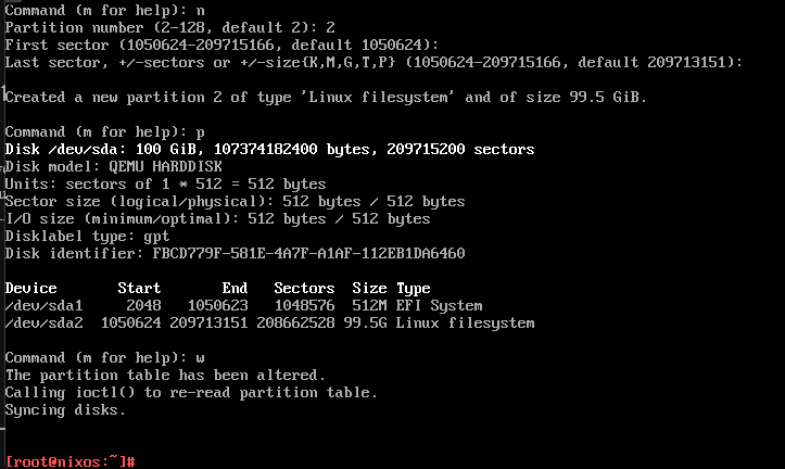 Creating main storage and writing the changes to disk for nixos install