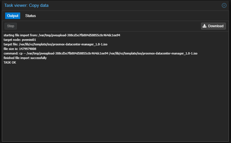 Iso image uploads successfully for proxmox datacenter manager 1.0