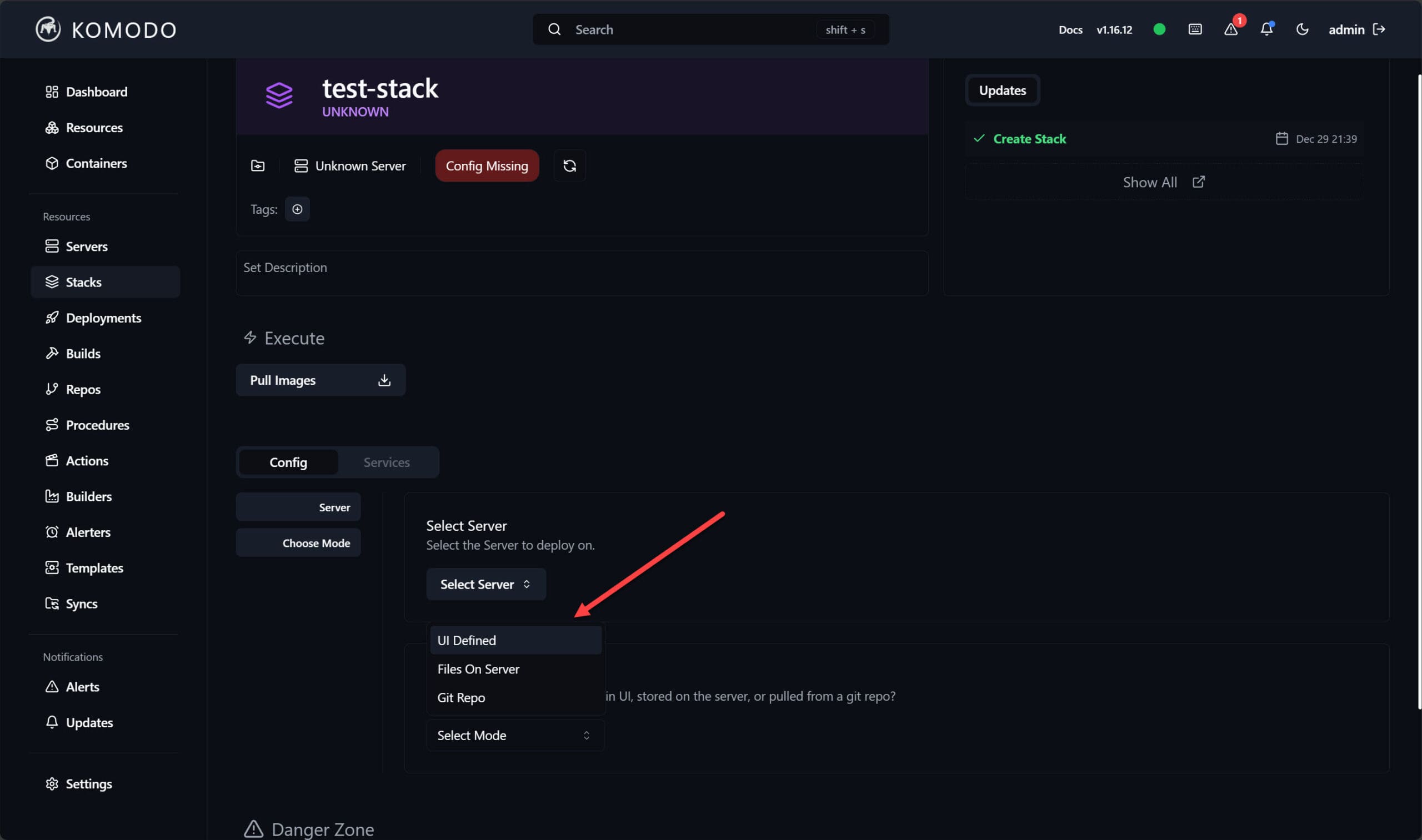 Building a test stack in komodo