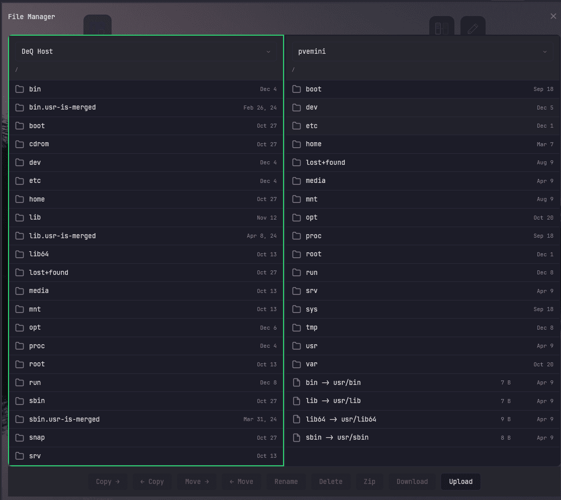 Built in file manager in deq that allows copying moving uploading and downloading files to your devices