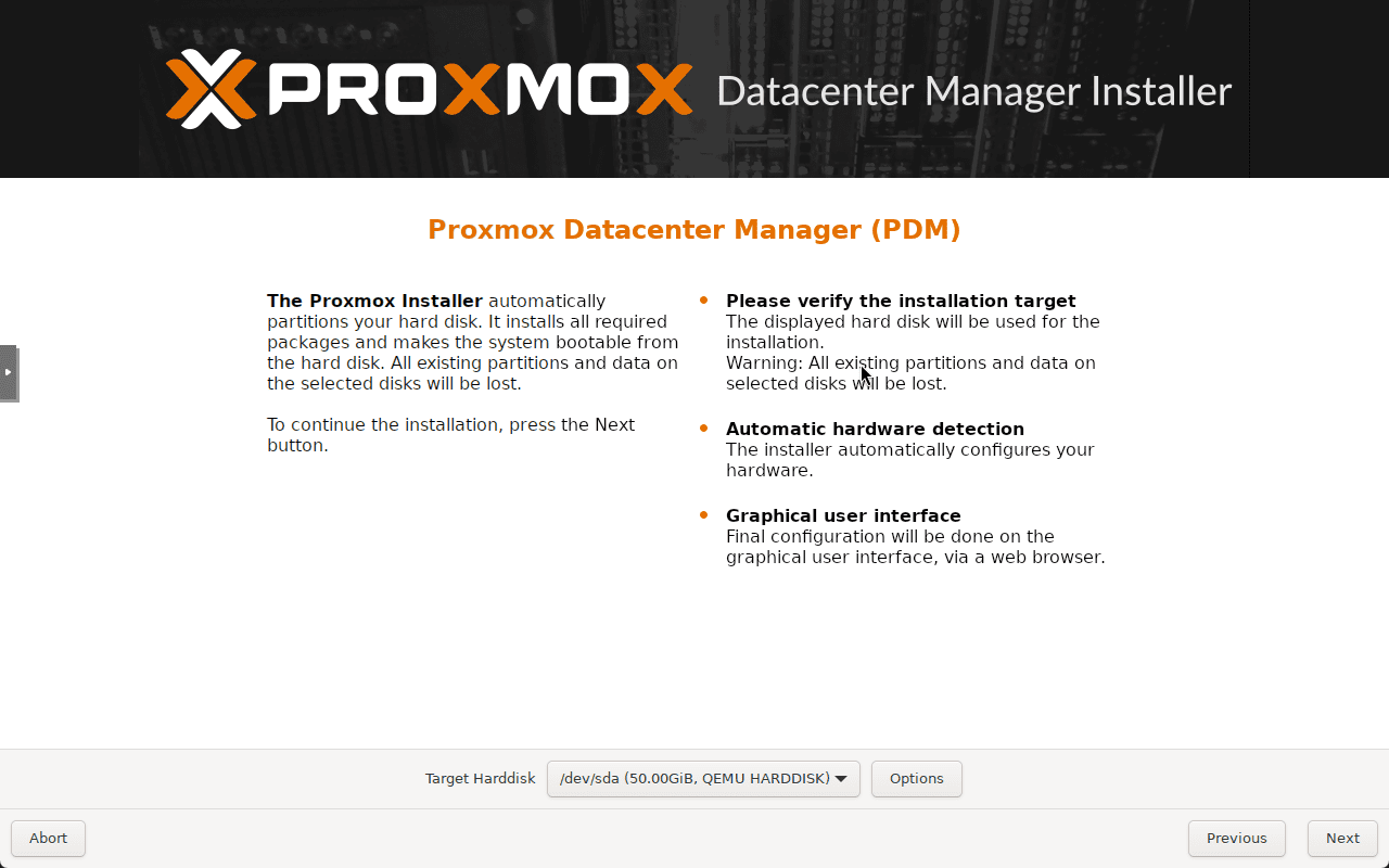 Choose the target disk for proxmox datacenter manager installation