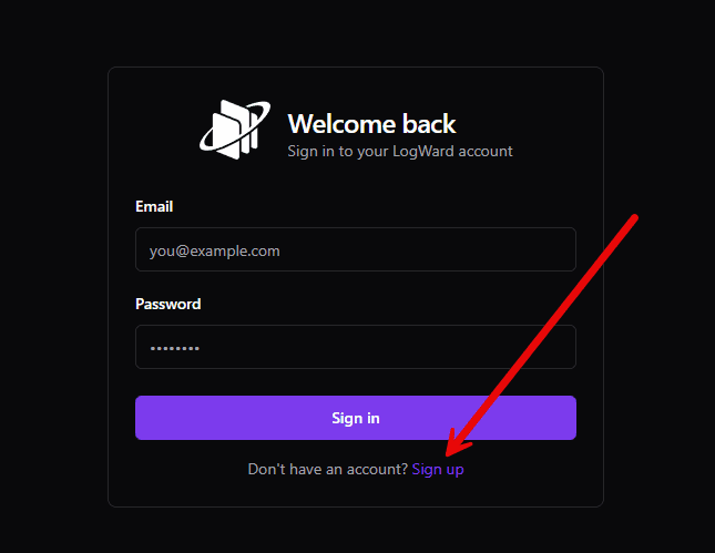 Choosing to sign up in logward