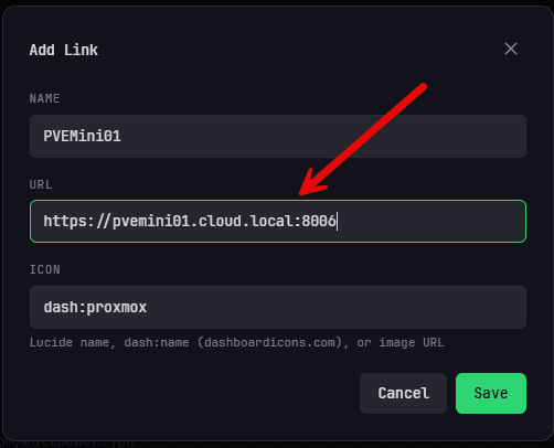 Configuring the name url and icon for a new home lab deq proxmox connection