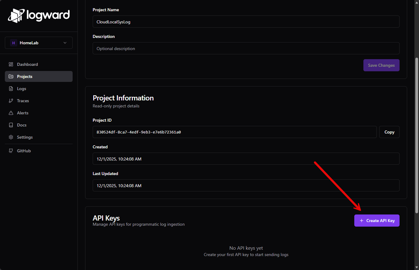 Create an api key for the logward project