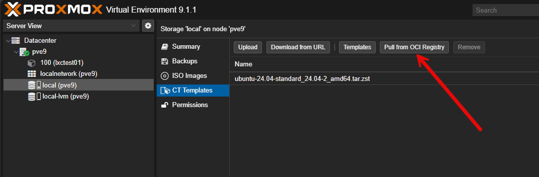 Pulling containers from oci registry in proxmox ve 9.1