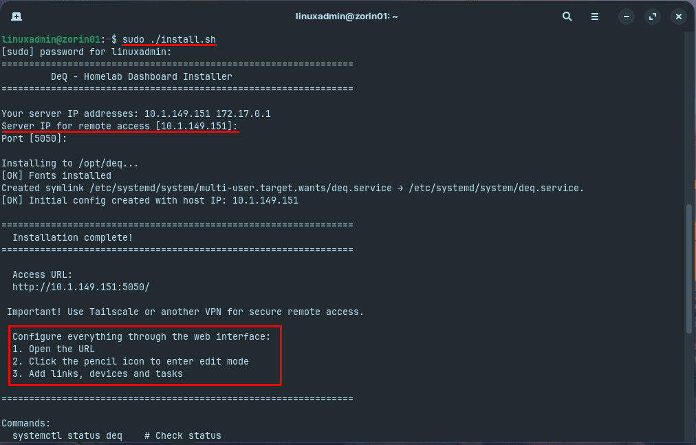 Running the install script and setting the server ip address