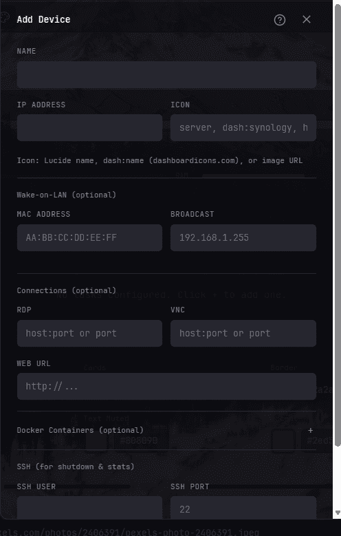 The add device dialog box for adding devices to deq dashboard