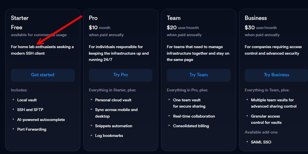 Viewing pricing for termius and the free home lab starter version