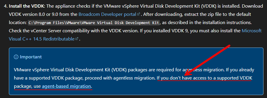 Microsoft's guidance on downloading the vmware vddk from broadcom