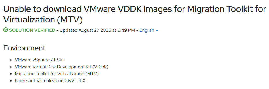 Redhat solution document citing changes to vmware vddk image downloads