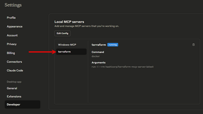 claude desktop terraform mcp server running