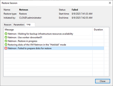veeam error restoring VMware disks to a Proxmox host