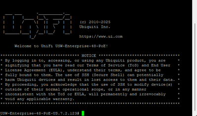 Connected and logged into the CLI on the Unifi USW switch