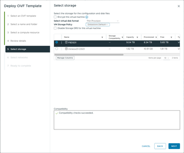 select storage for the OVA appliance